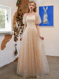 Glittering Elegant Prom Formal Evening Dress Short Sleeve Floor Length Pleats