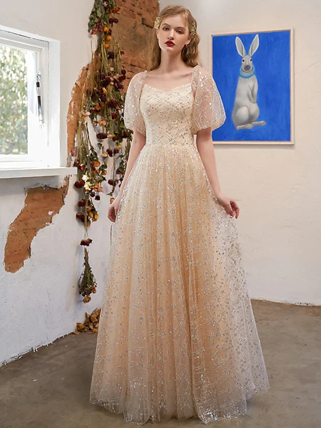 Glittering Elegant Prom Formal Evening Dress Short Sleeve Floor Length Pleats
