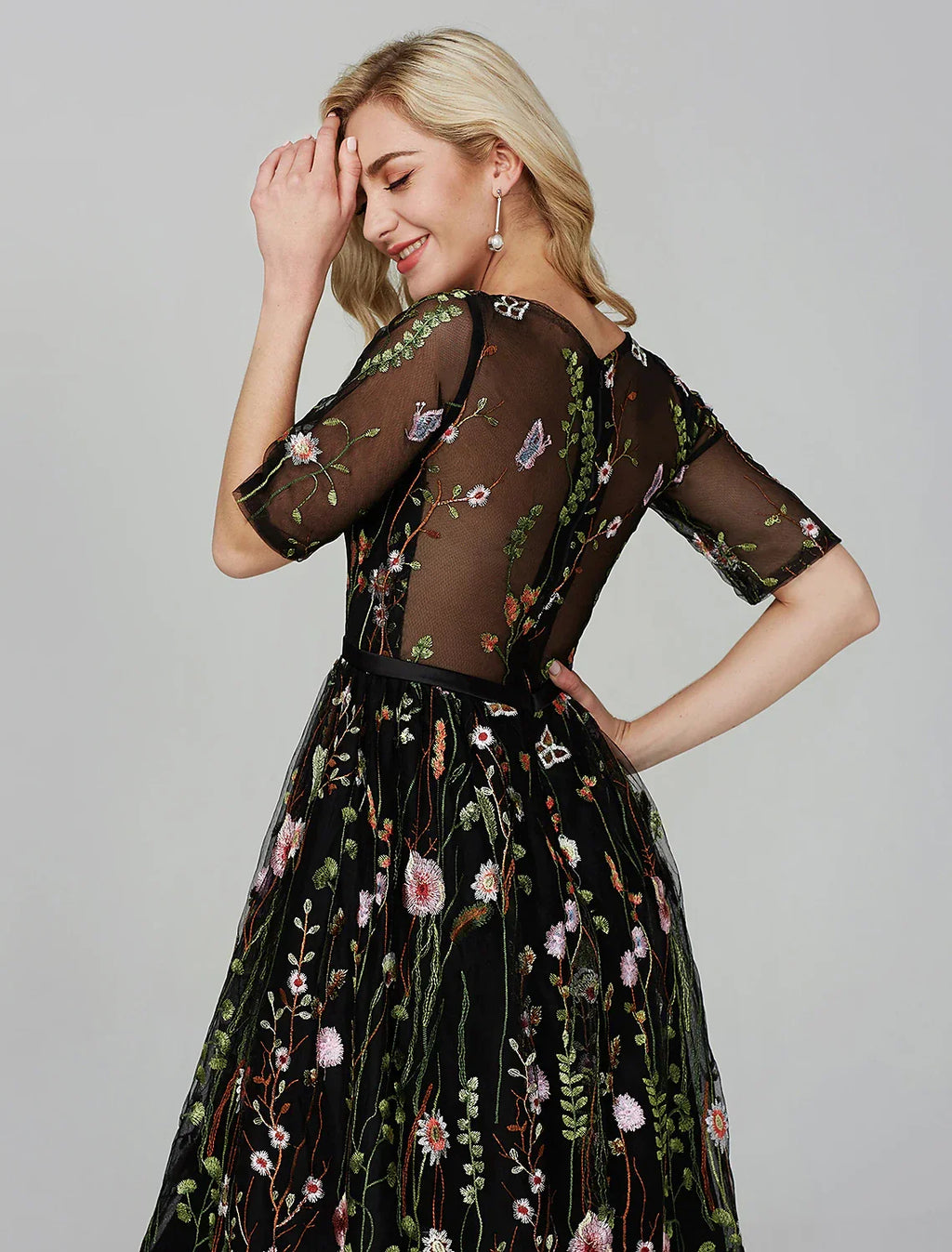 Holiday Tea Length Half Sleeve Illusion Neck Fall Wedding Guest with Embroidery Appliques