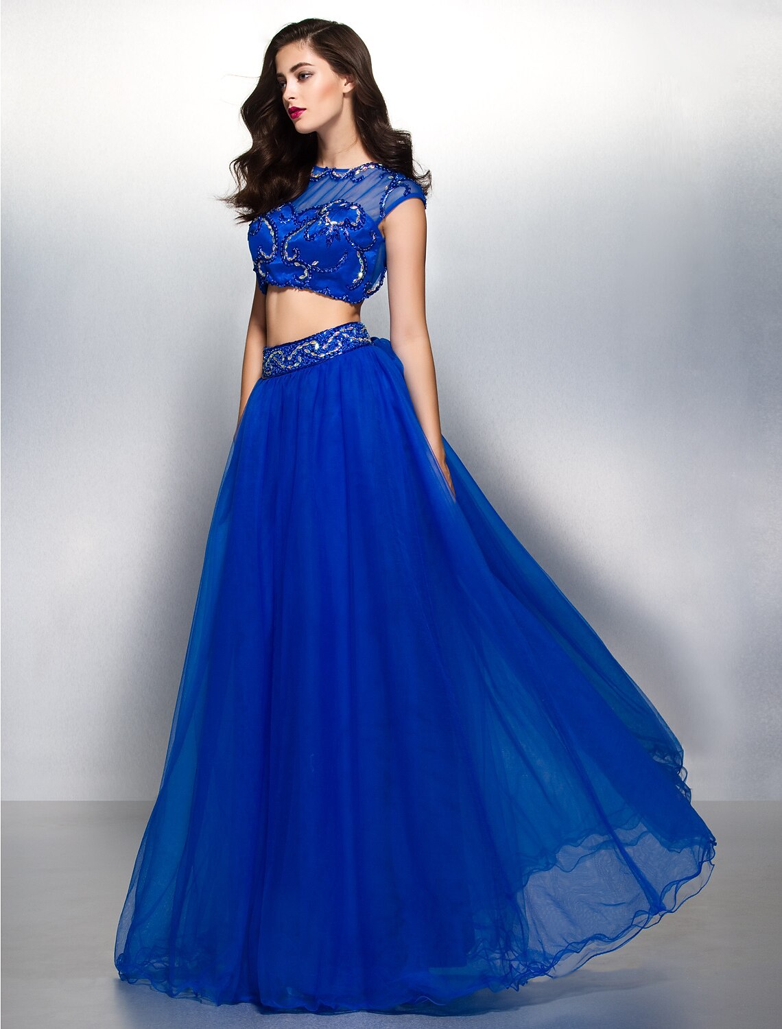 Two Piece A-Line Beautiful Back Two Piece Prom Formal Evening Dress Illusion Neck Short Sleeve Floor Length with Beading Appliques