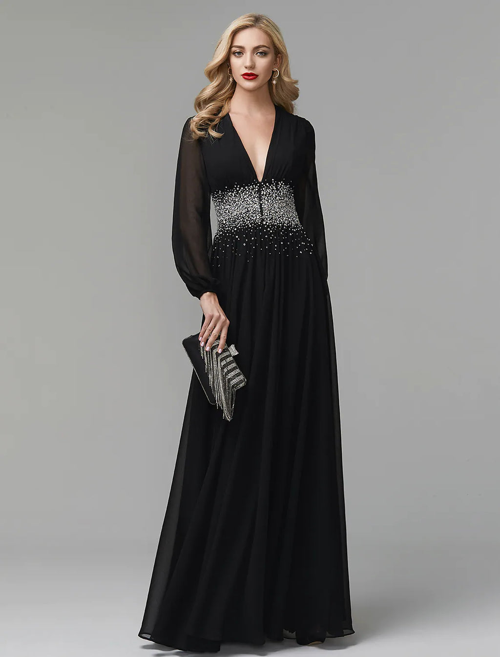 Black Evening Dress Celebrity Red Carpet Formal Gown Wedding Guest Floor Length Long Sleeve V Neck