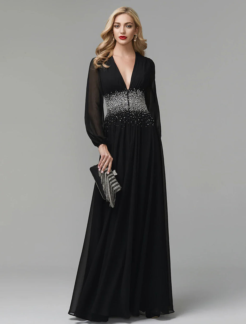 Black Evening Dress Celebrity Red Carpet Formal Gown Tie Wedding Guest Floor Length Long Sleeve V Neck