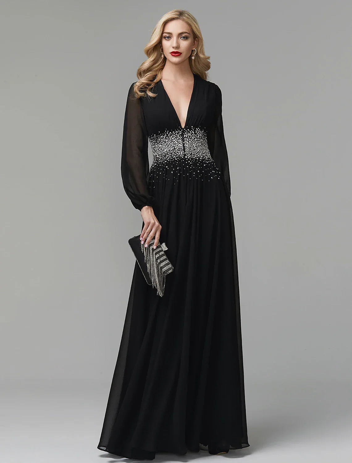 Black Evening Dress Celebrity Red Carpet Formal Gown Tie Wedding Guest Floor Length Long Sleeve V Neck