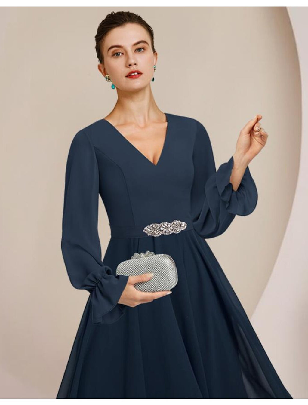 Mother of the Bride Dress Formal Wedding Guest Elegant High Low Scoop Neck V Neck Asymmetrical Tea Length Long Sleeve with Crystal Brooch