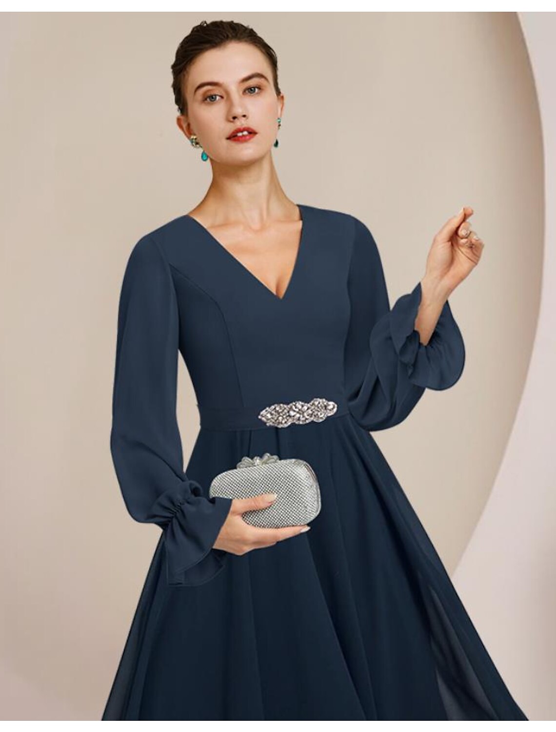 Mother of the Bride Dress Formal Wedding Guest Elegant High Low Scoop Neck V Neck Asymmetrical Tea Length Long Sleeve with Crystal Brooch