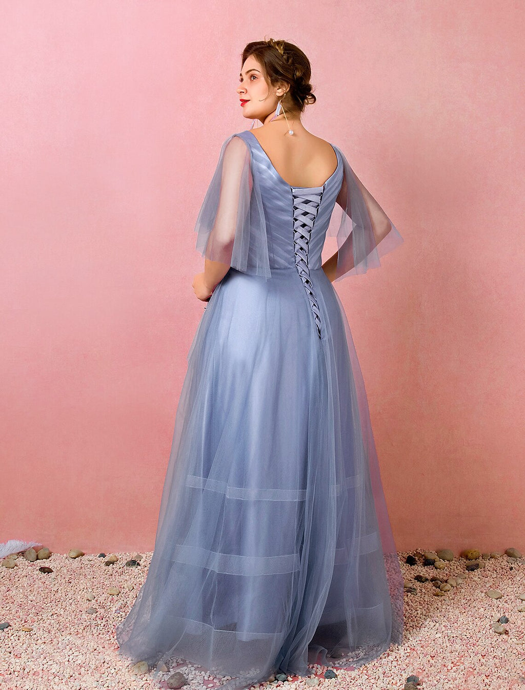 Chinese Style Dress Prom Floor Length Half Sleeve V Neck with Ruched Embroidery