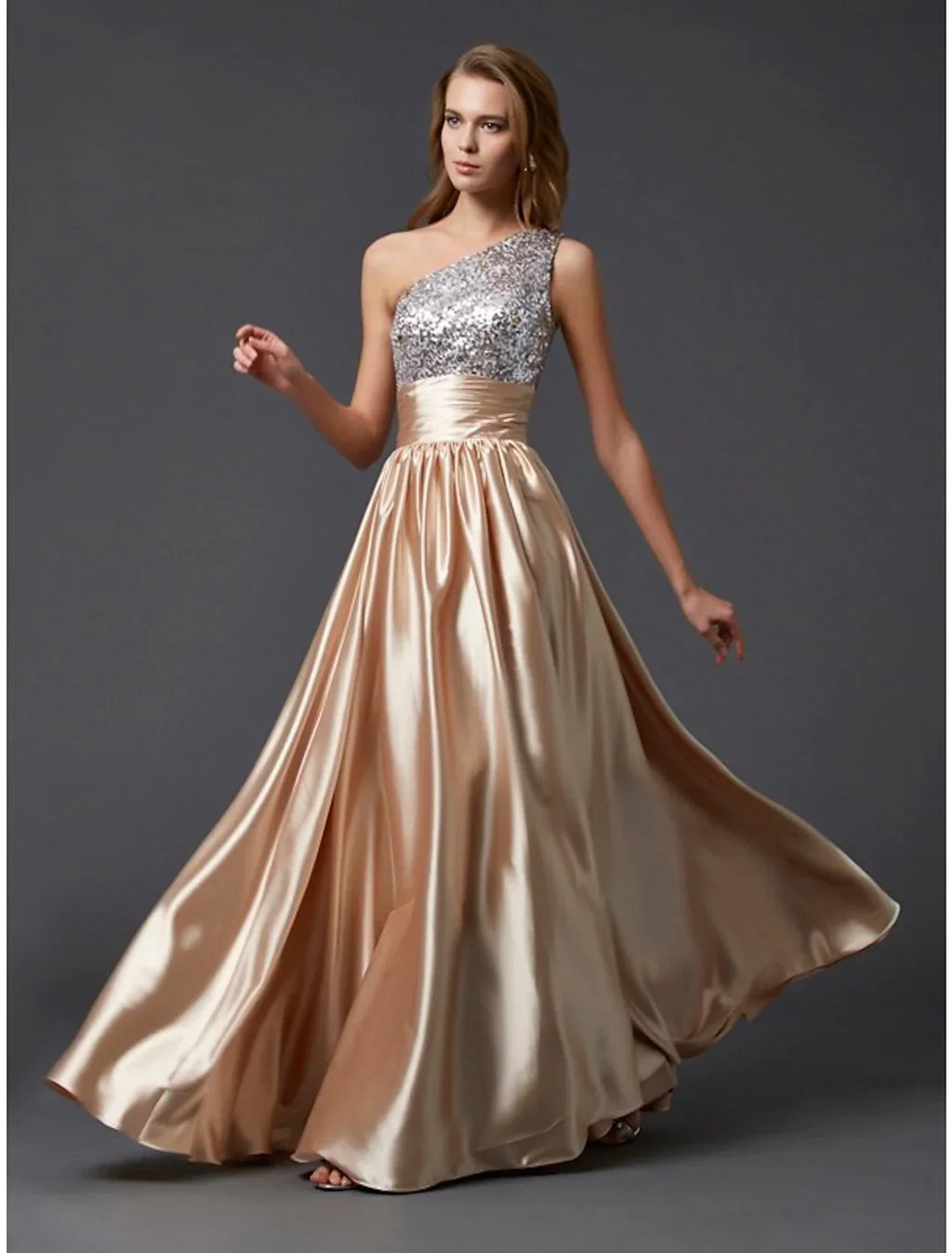Sparkle & Shine Dress Party Wear Floor Length Sleeveless One Shoulder Charmeuse with Pleats