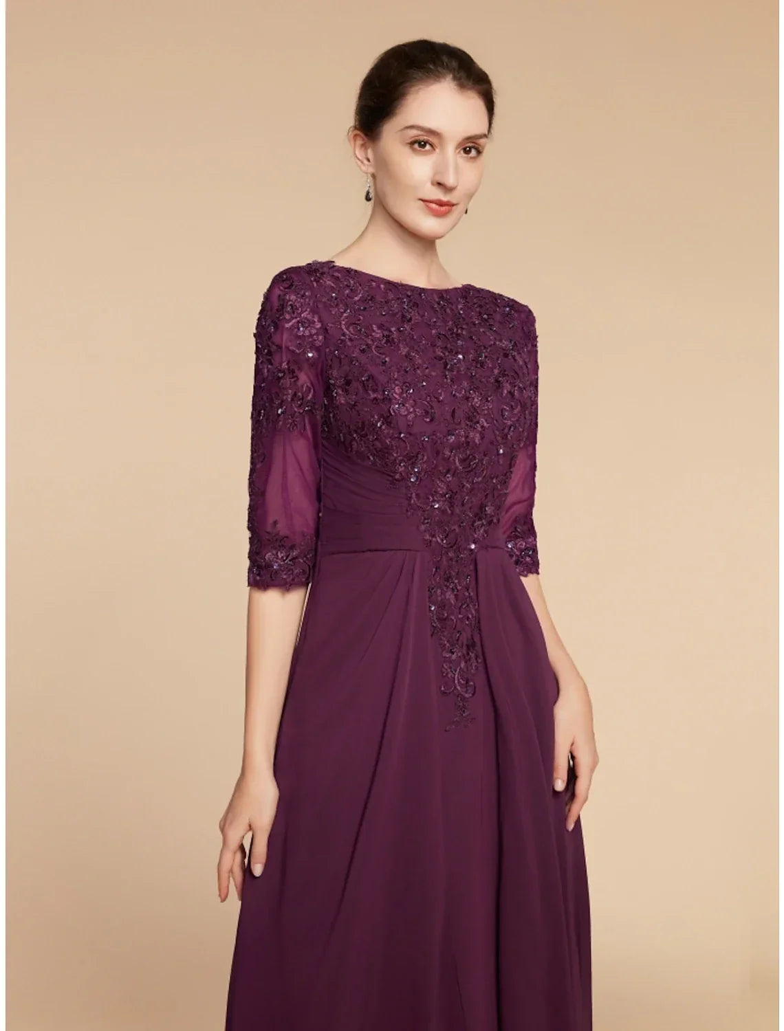 Sheath / Column Mother of the Bride Dress Wedding Guest Elegant Scoop Neck Floor Length Half Sleeve with Pleats