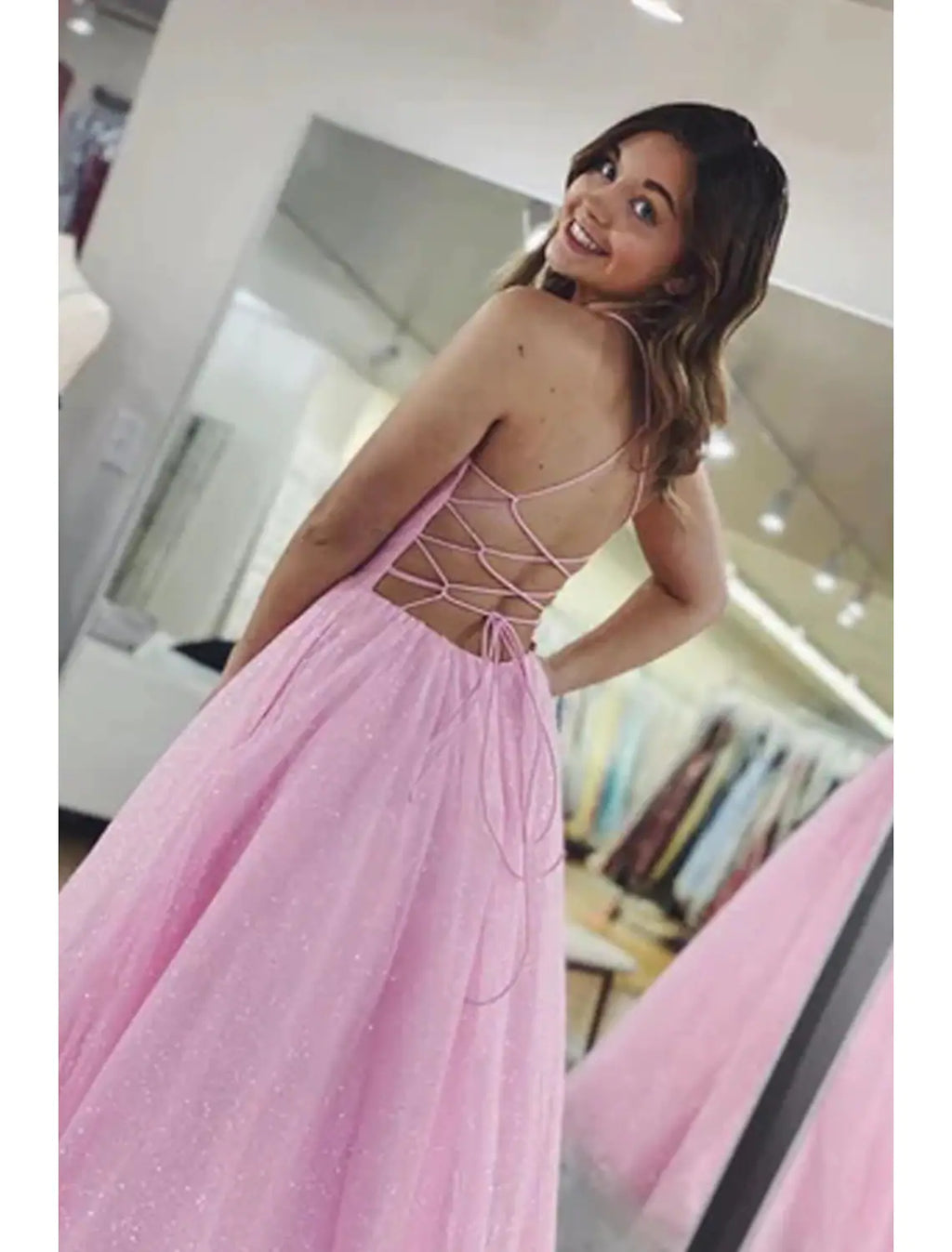 Ball Gown A-Line Prom Dresses Glittering Dress Formal Floor Length Sleeveless V Neck Backless with Pleats