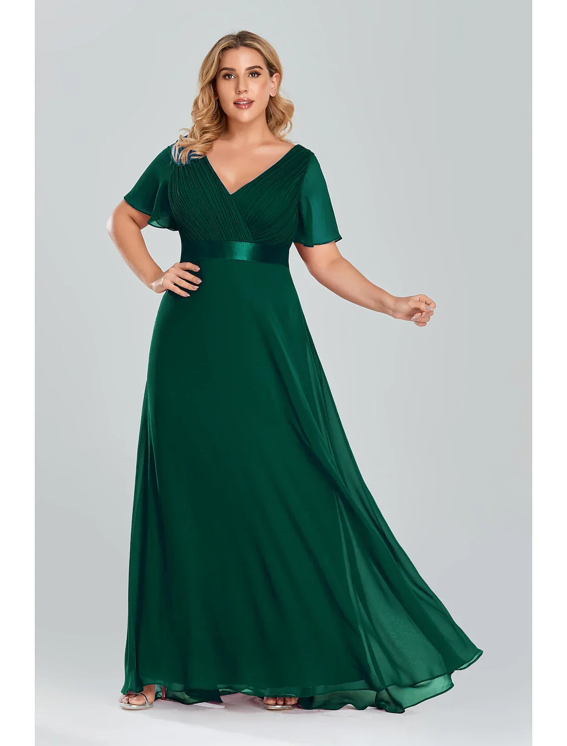 Empire Dress Wedding Guest Floor Length Short Sleeve V Neck with Pleats