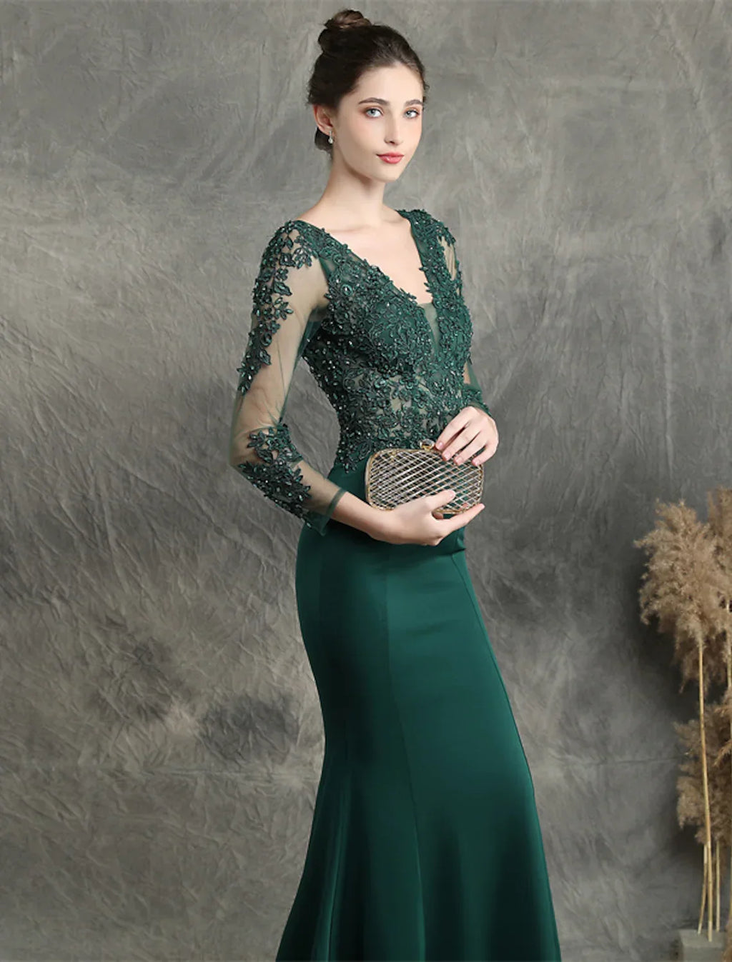 Long Sleeve V Neck Blend with Beading Appliques