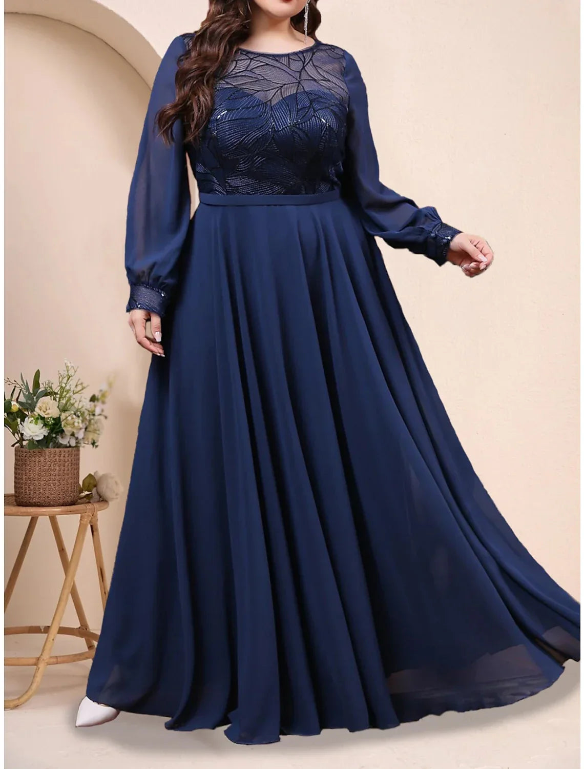 Plus Size Curve Mother of the Bride Dress Wedding Guest Plus Size Sparkle & Shine Jewel Neck Floor Length Long Sleeve with Pleats