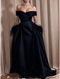 Black Evening Gown Elegant Dress Formal Dress Carival Sweep / Brush Train Long Sleeve Off Shoulder with Rhinestone Feather Pleats