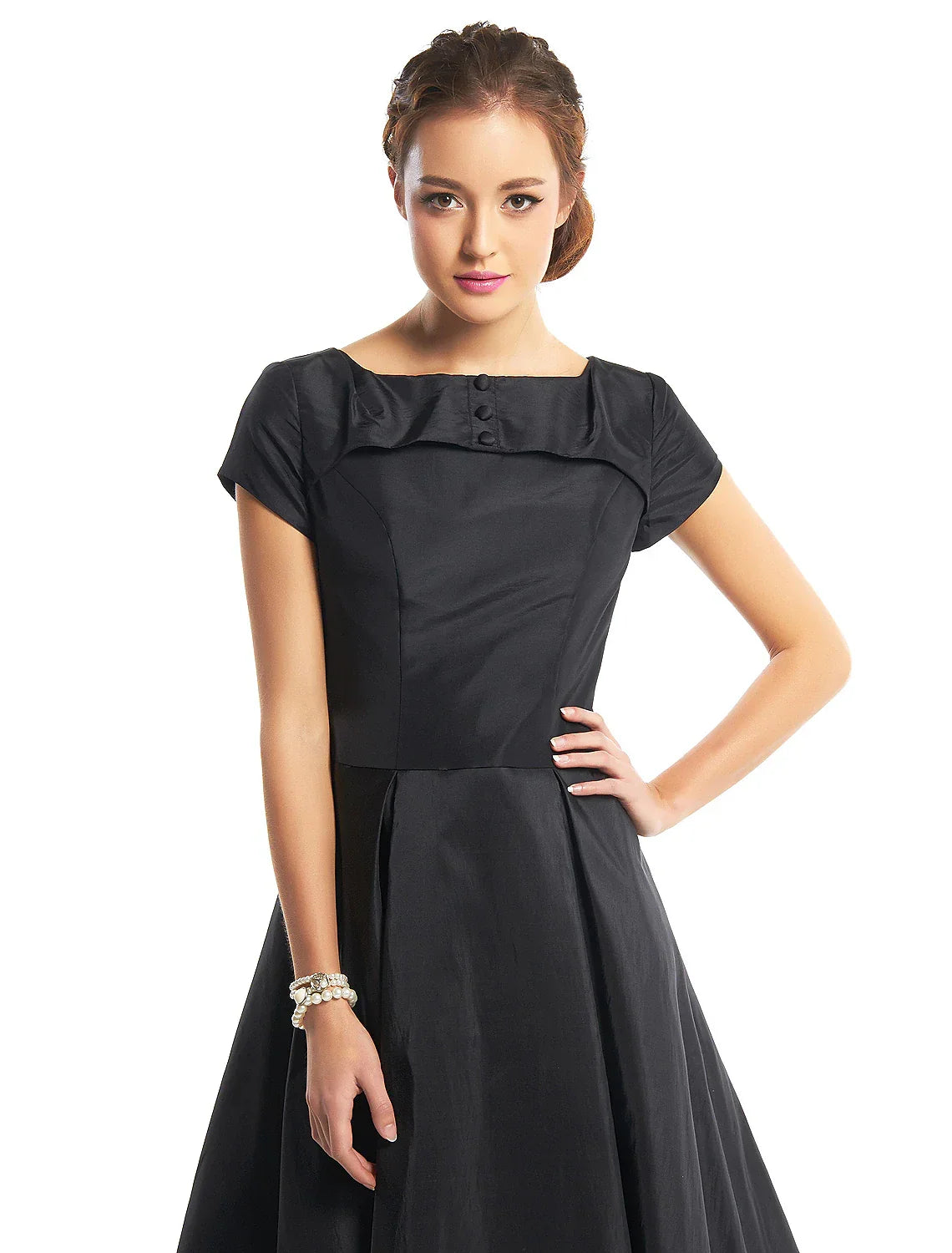 Vintage Dress Homecoming Tea Length Short Sleeve Boat Neck Taffeta with Buttons
