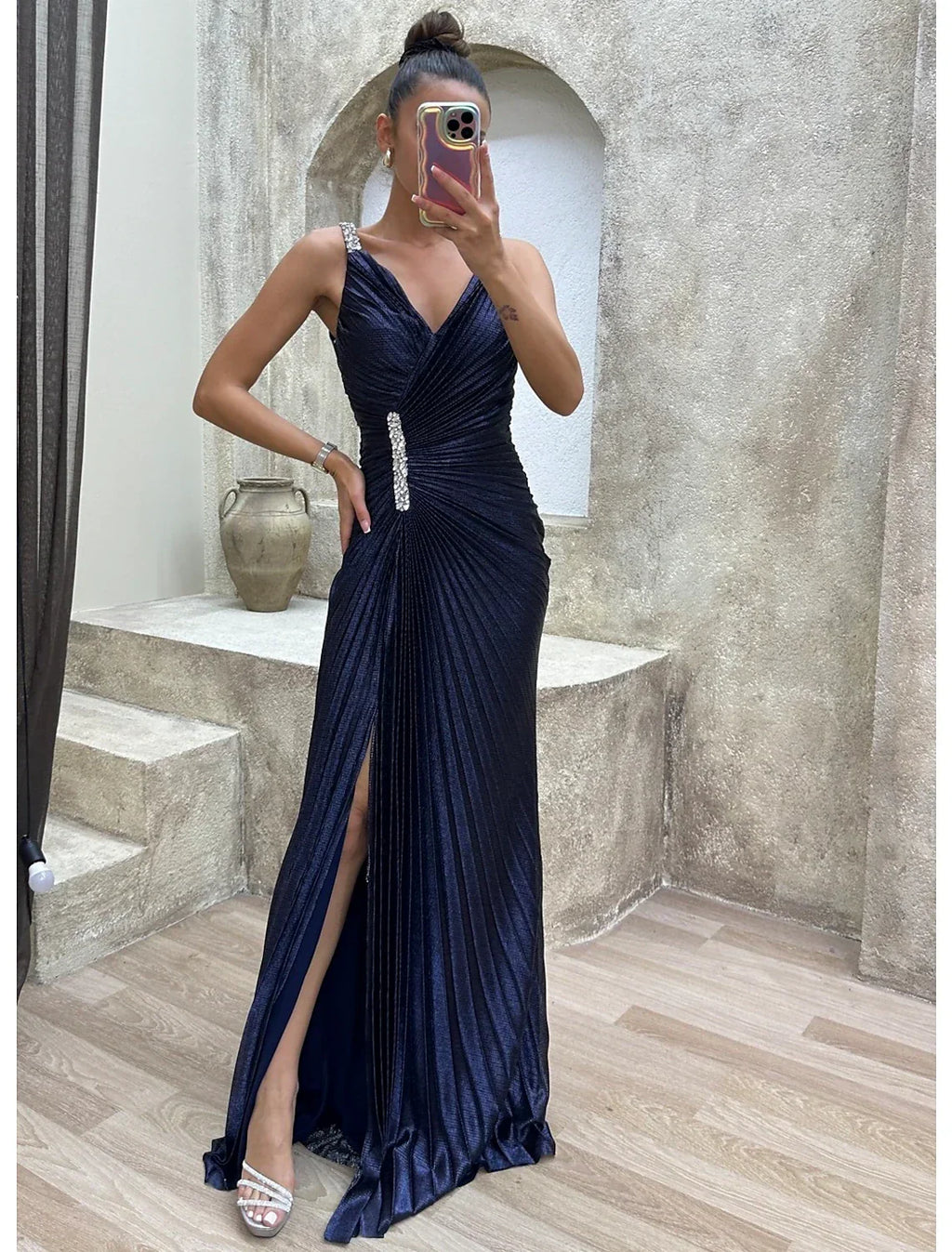 Mermaid / Trumpet Prom Dresses Sparkle Dress Formal Evening Party Sweep / Brush Train Sleeveless V Neck Spandex with Rhinestone Pleats Slit