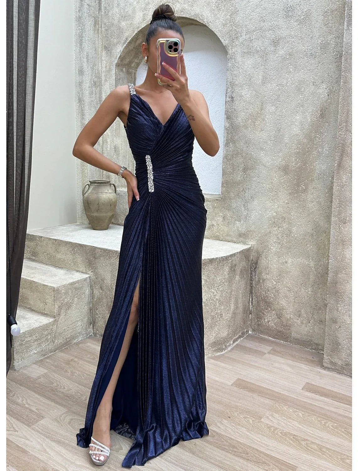 Mermaid / Trumpet Prom Dresses Sparkle Dress Formal Evening Party Sweep / Brush Train Sleeveless V Neck Spandex with Rhinestone Pleats Slit