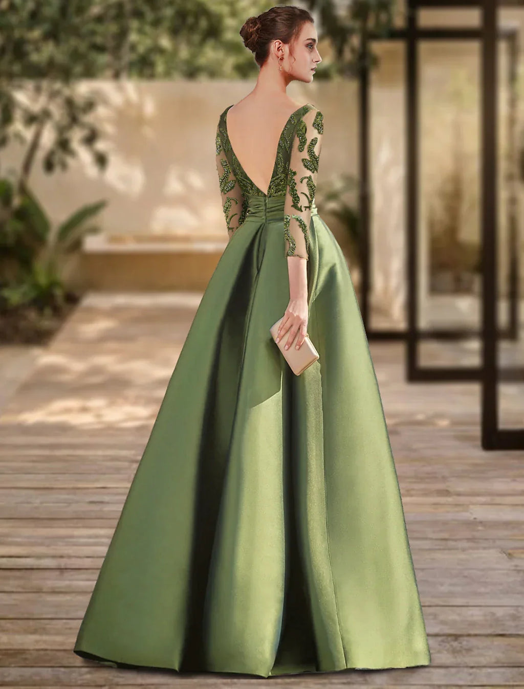 Evening Gown Open Back Dress Formal Wedding Guest Floor Length 3/4 Length Sleeve Scoop Neck with Slit Strappy