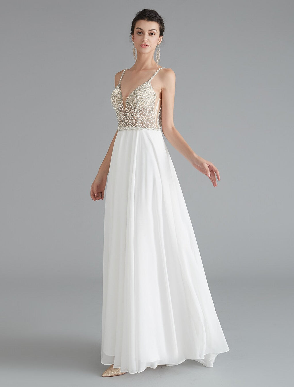 Evening Gown Dress Engagement Floor Length Sleeveless V Neck V Back with Beading