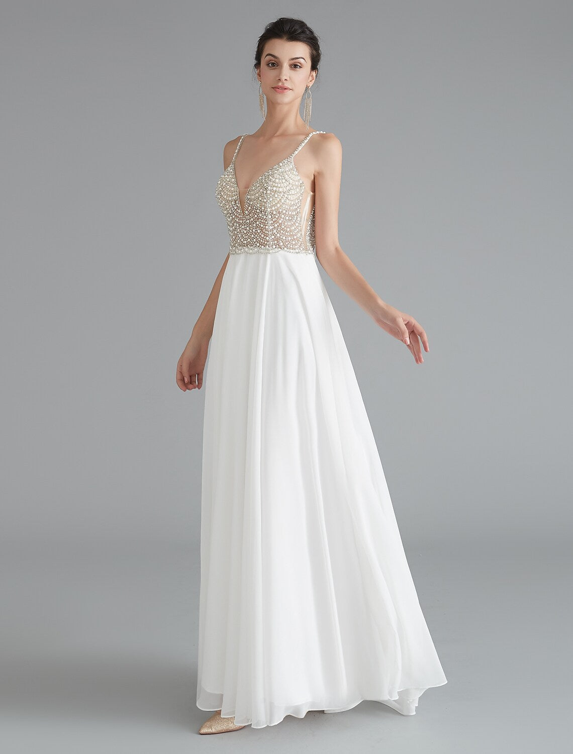 Evening Gown Dress Engagement Floor Length Sleeveless V Neck V Back with Beading