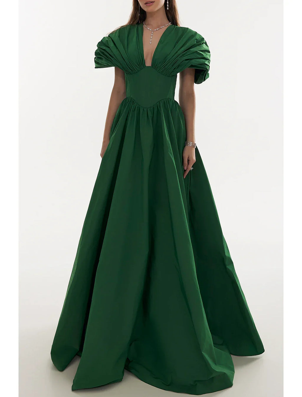 Black Evening Gown Elegant Christmas Red Green Dress Formal Dress Plus Size Fall Floor Length Short Sleeve V Neck with Pleats