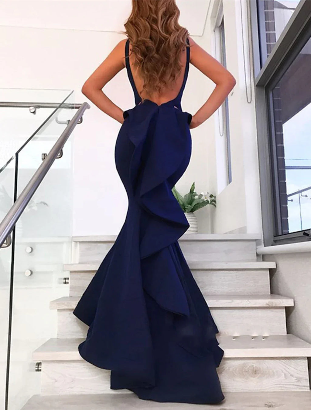 Mermaid / Trumpet Evening Gown Open Back Dress Formal Wedding Guest Court Train Sleeveless V Neck Fabric with Bow(s) Ruffles
