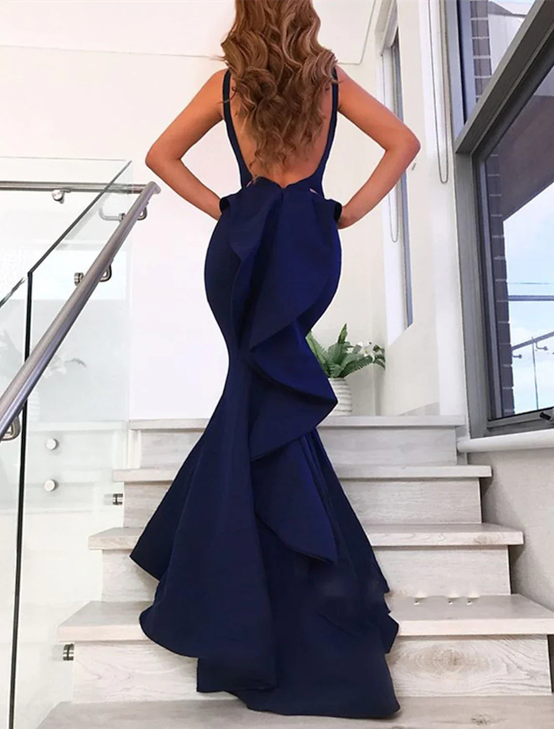 Mermaid / Trumpet Evening Gown Open Back Dress Formal Wedding Guest Court Train Sleeveless V Neck Fabric with Bow(s) Ruffles