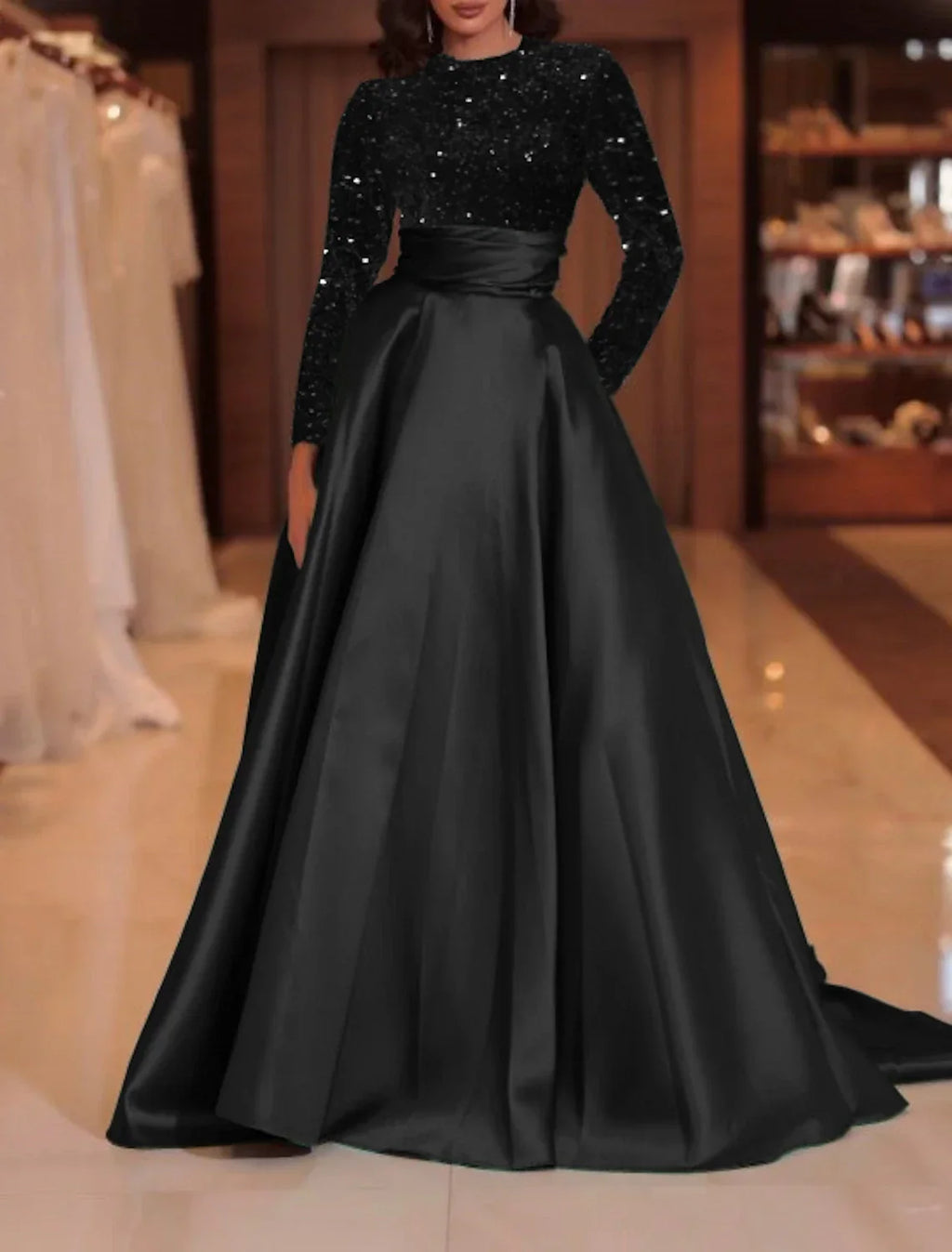 Green Evening Gown Sparkle Christmas Red Dress Formal Cocktail Party Court Train Long Sleeve High Neck Fall Wedding Guest