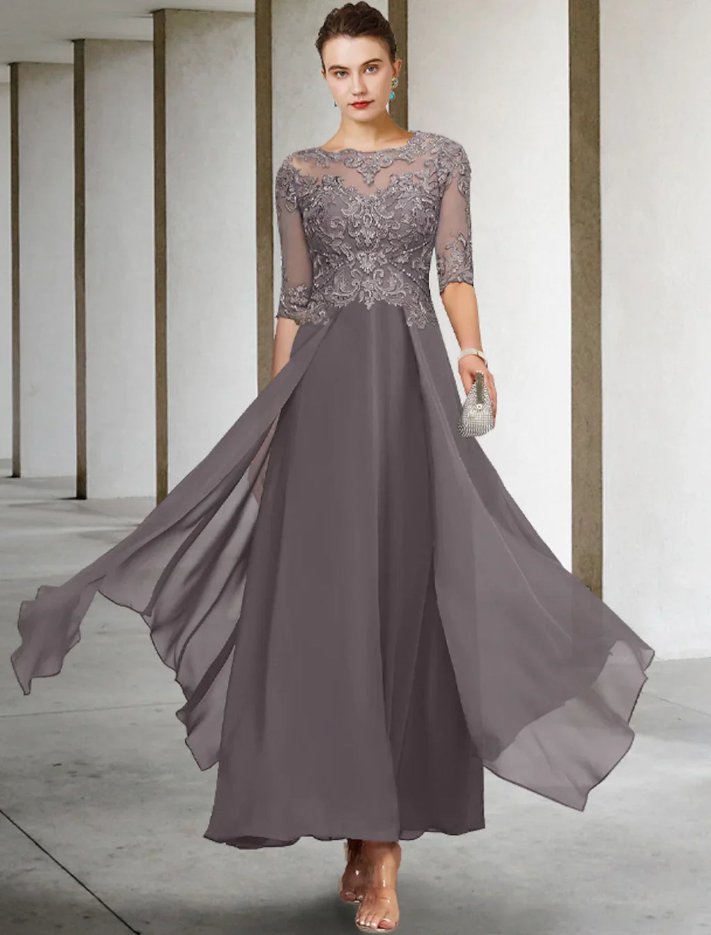 Mother of the Bride Dress Formal Wedding Elegant Asymmetrical Ankle Length Half Sleeve No Beading Appliques