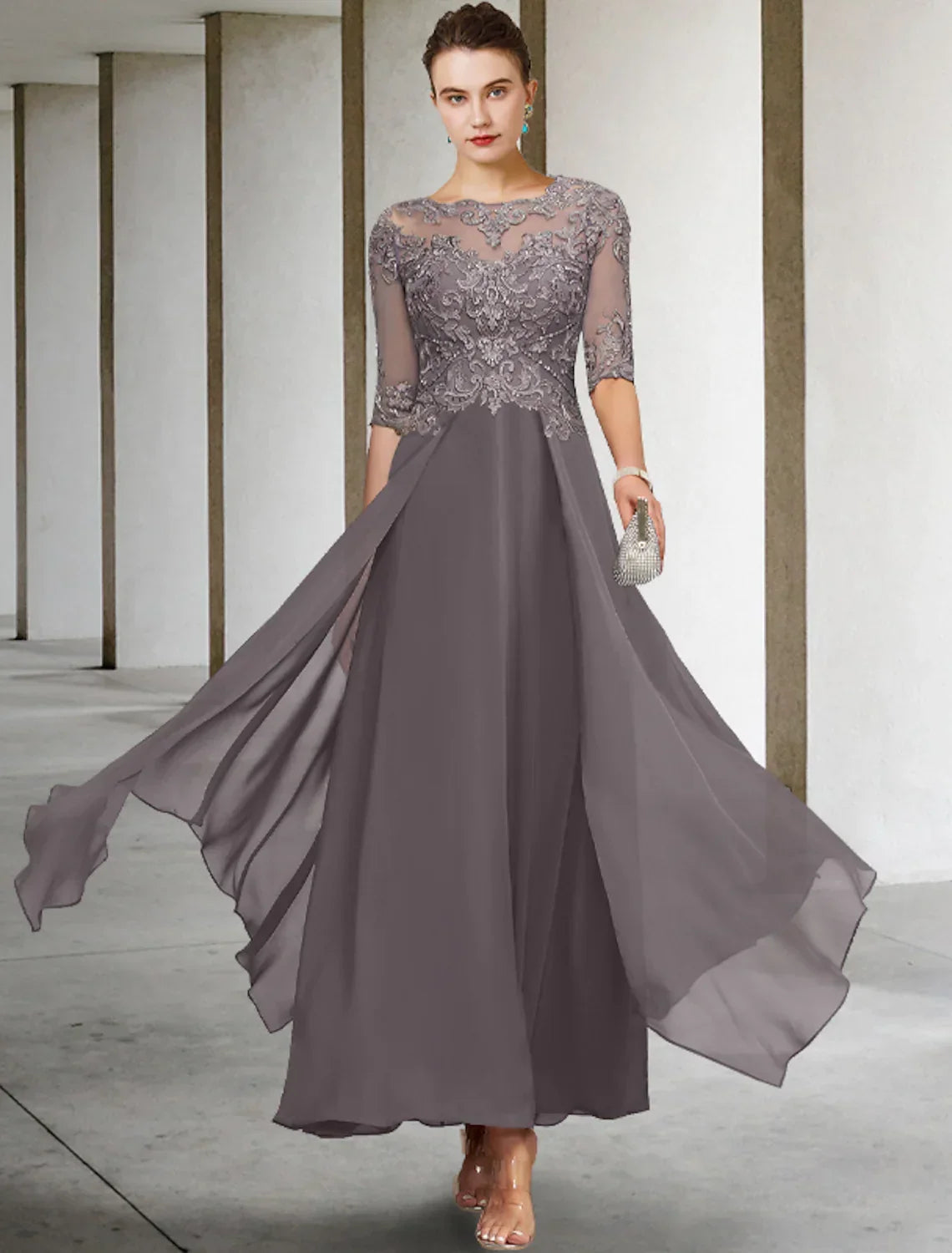 Mother of the Bride Dress Formal Wedding Elegant Asymmetrical Ankle Length Half Sleeve No Beading Appliques