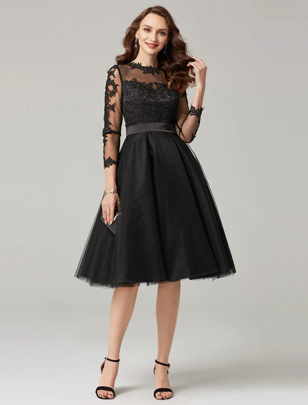 Wedding Guest Prom Knee Length 3/4 Length Sleeve Illusion Neck Over with Appliques