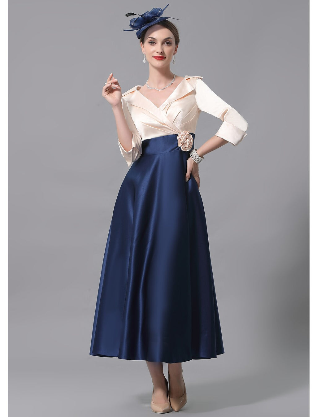 Two Piece Mother of the Bride Dress Wedding Guest Elegant V Neck Knee Length Fabric Half Sleeve with Appliques
