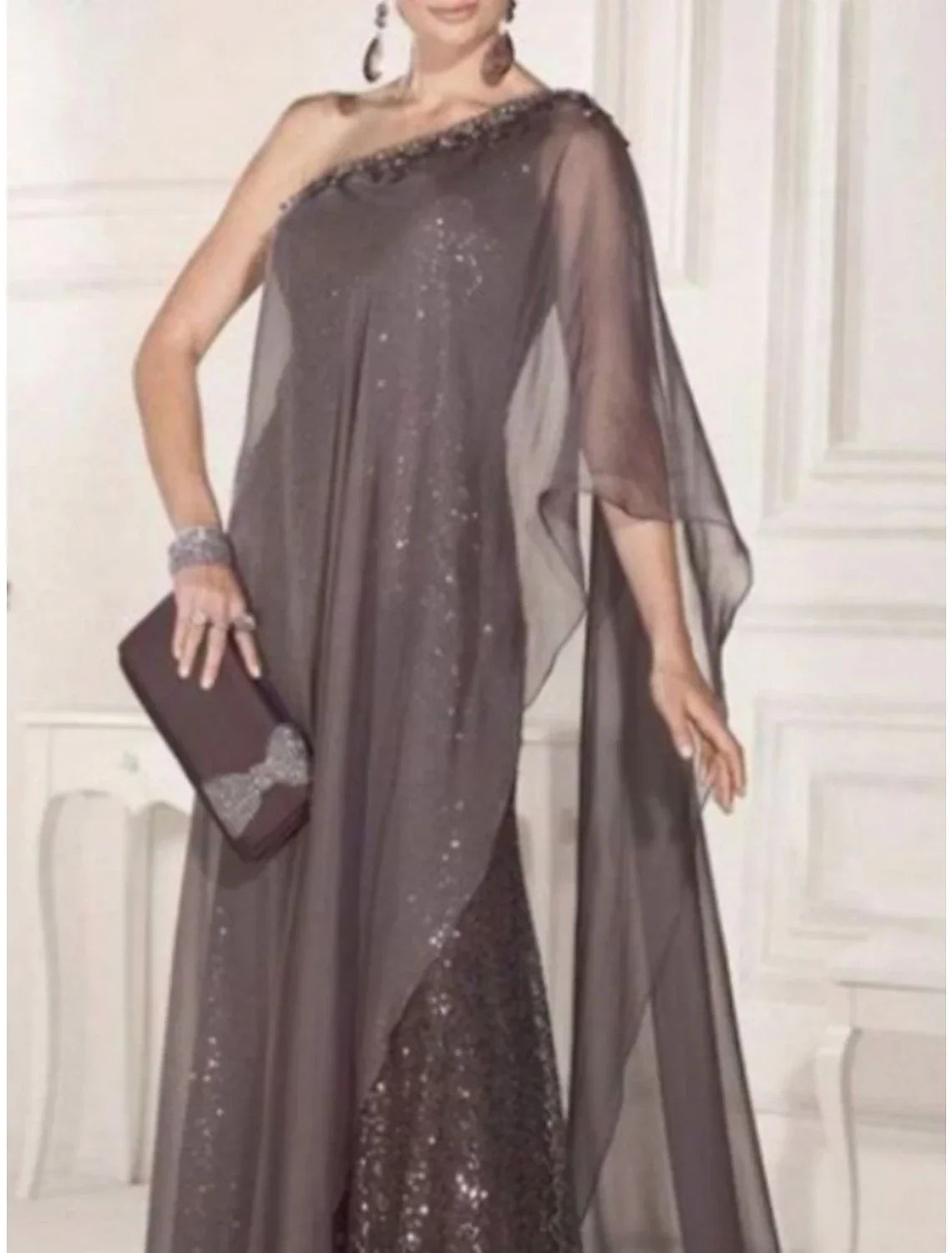 Sheath / Column Mother of the Bride Dress Wedding Guest Party Sparkle & Shine Elegant One Shoulder Sweep / Brush Train Sleeveless with Pleats