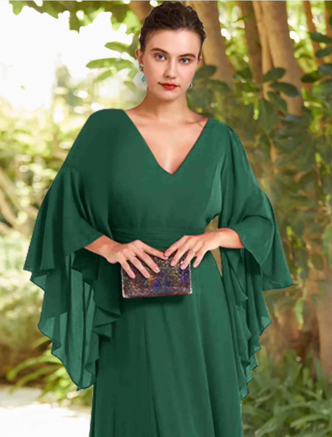 Mother of the Bride Dress Formal Wedding Guest Elegant V Neck Floor Length 3/4 Length Sleeve with Ruched