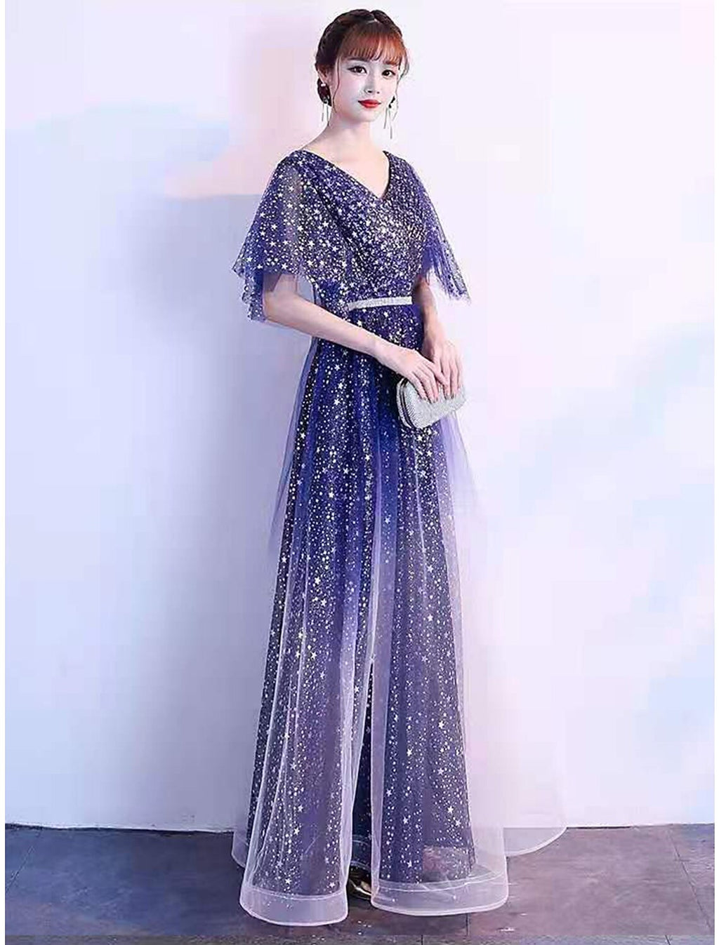 Ombre Prom Birthday Dress V Neck Short Sleeve Floor Length with Sash / Ribbon Crystals