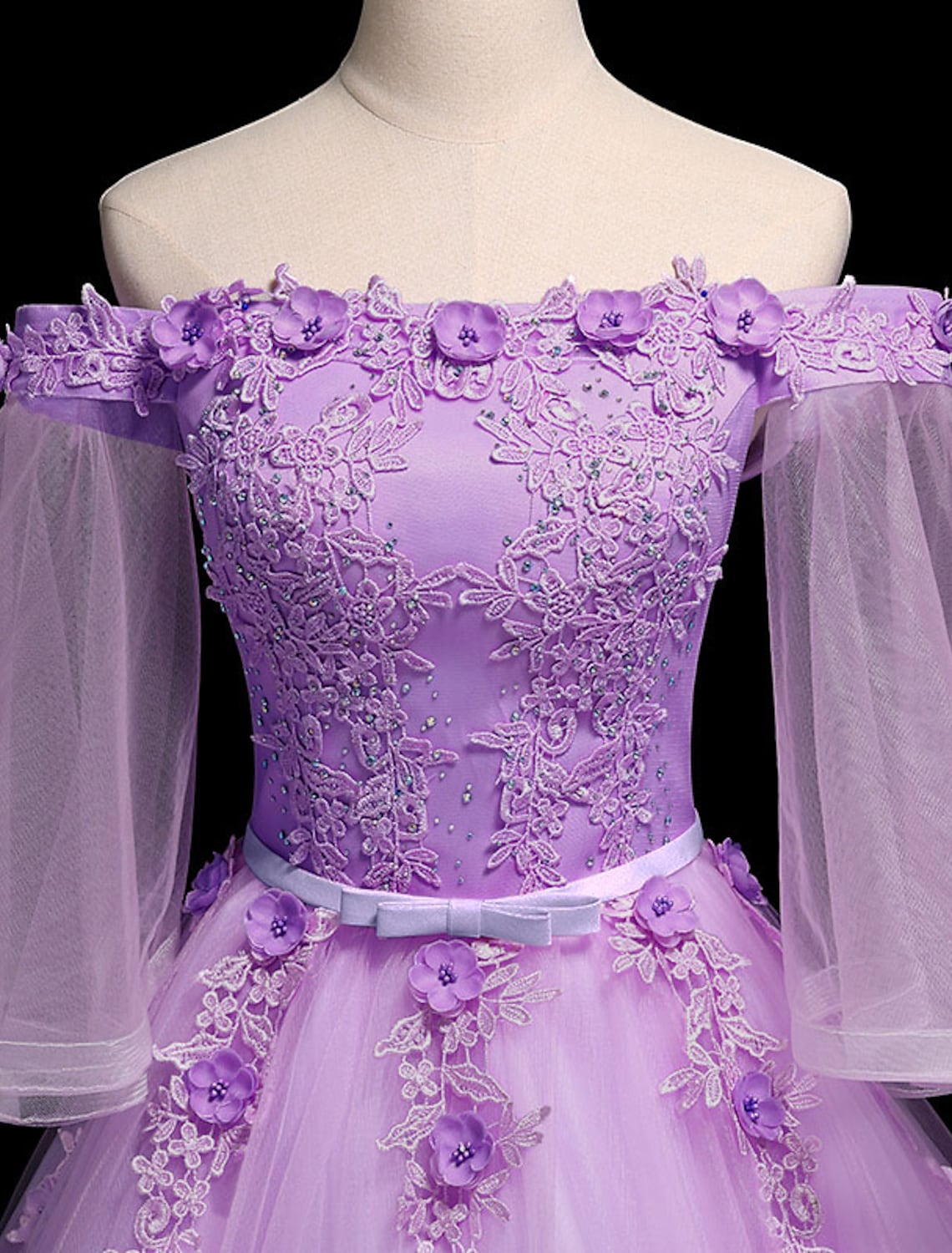 Luxurious Floral Quinceanera Prom Birthday Dress Off Shoulder Length Sleeve Floor Length Embroidery