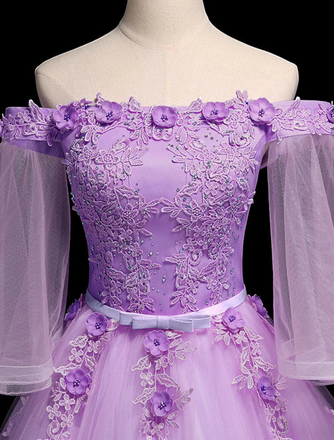 Ball Gown Luxurious Floral Quinceanera Prom Birthday Dress Off Shoulder 3/4 Length Sleeve Floor Length with Sash / Ribbon Embroidery