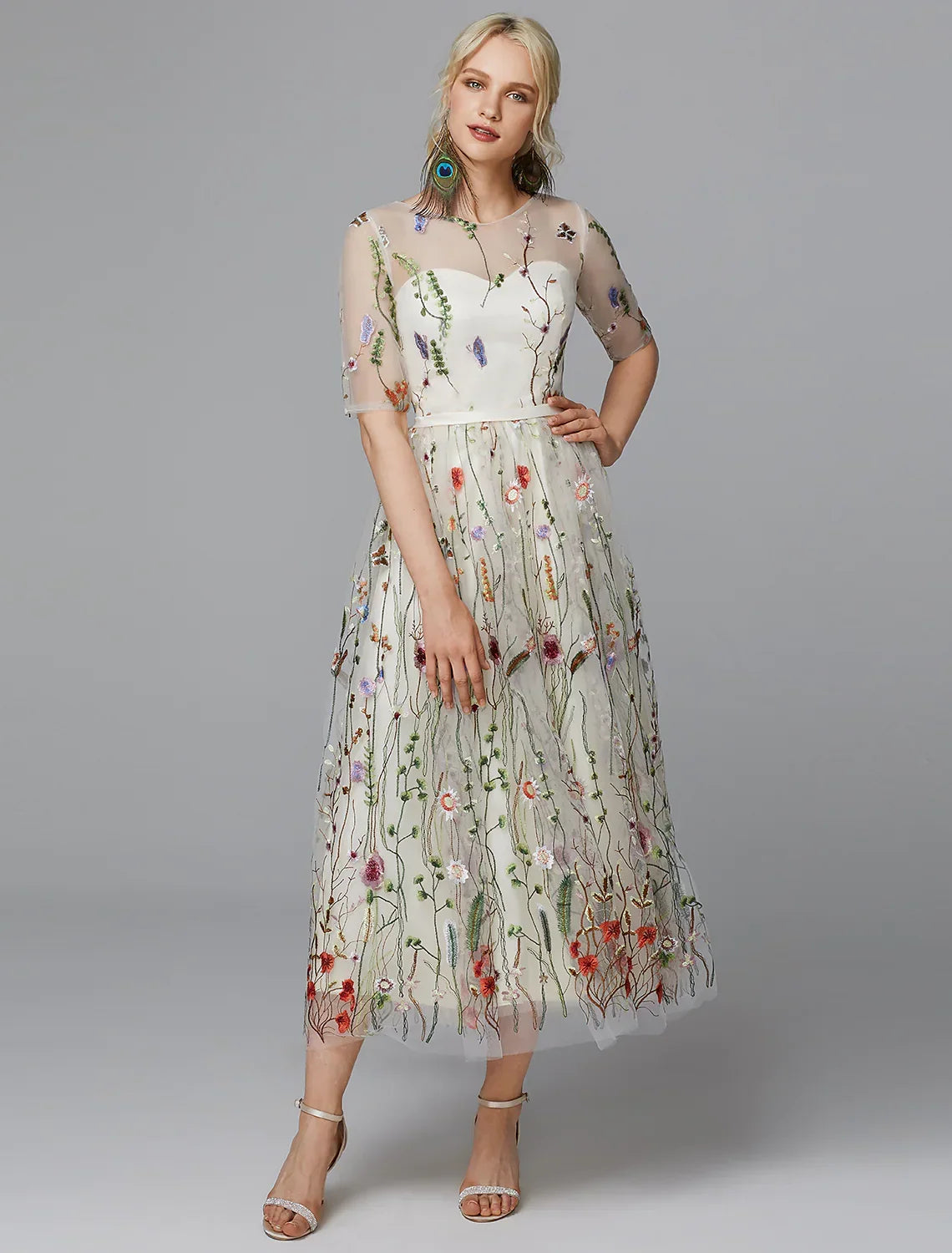 White Dress Holiday Half Sleeve with Embroidery Appliques