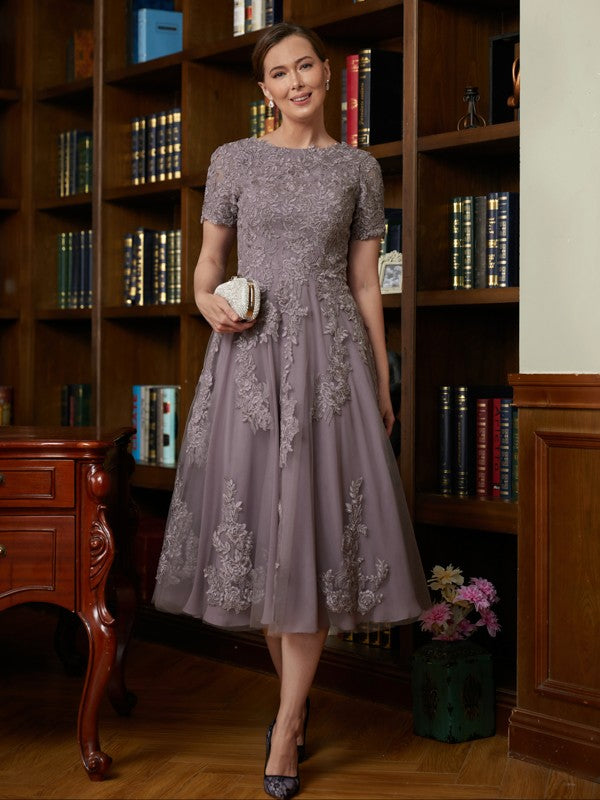 A-Line/Princess Scoop Short Sleeves Tea-Length Mother of the Bride Dresses