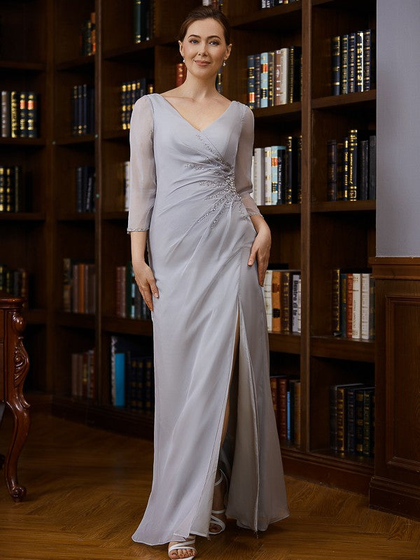 Sheath/Column 30D Beading V-neck 3/4 Sleeves Floor-Length Mother of the Bride Dresses