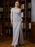 Sheath/Column 30D Beading V-neck 3/4 Sleeves Floor-Length Mother of the Bride Dresses