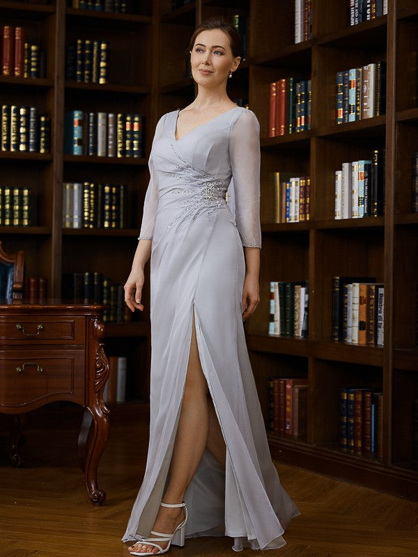 Sheath/Column 30D Beading V-neck 3/4 Sleeves Floor-Length Mother of the Bride Dresses