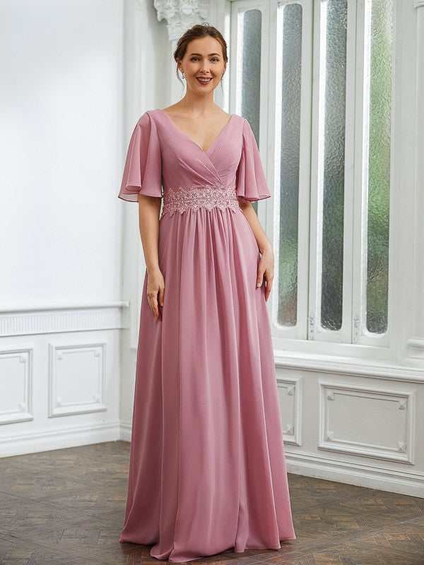 A-Line/Princess Ruched V-neck 1/2 Sleeves Floor-Length Mother of the Bride Dresses