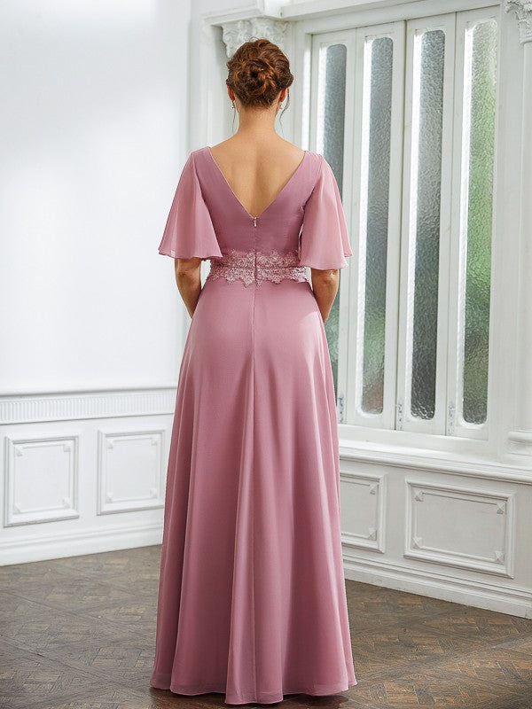 A-Line/Princess Ruched V-neck 1/2 Sleeves Floor-Length Mother of the Bride Dresses