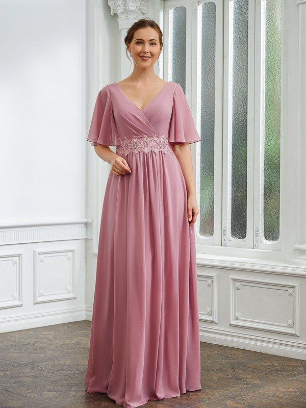 A-Line/Princess Ruched V-neck 1/2 Sleeves Floor-Length Mother of the Bride Dresses