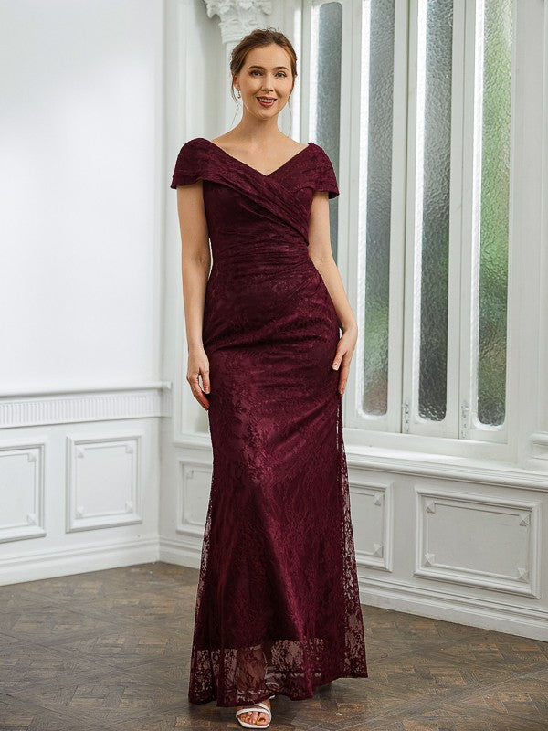 Sheath/Column Ruched V-neck Short Sleeves Floor-Length Mother of the Bride Dresses