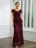 Sheath/Column Ruched V-neck Short Sleeves Floor-Length Mother of the Bride Dresses