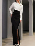 Mermaid / Trumpet Mother of the Bride Dress Formal Wedding Guest Elegant High Split V Neck Floor Length Fabric Long Sleeve with Split Front Color Block