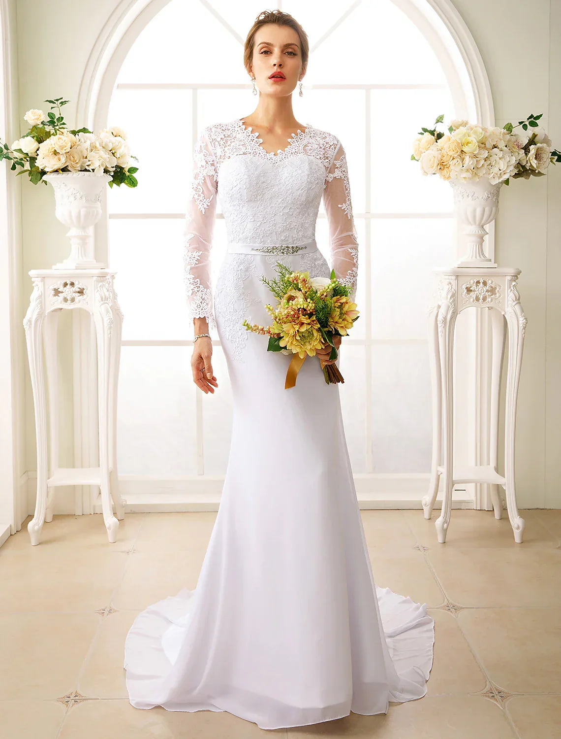 Engagement Open Back Formal Wedding Dresses Long Sleeve V Neck Sash Appliques