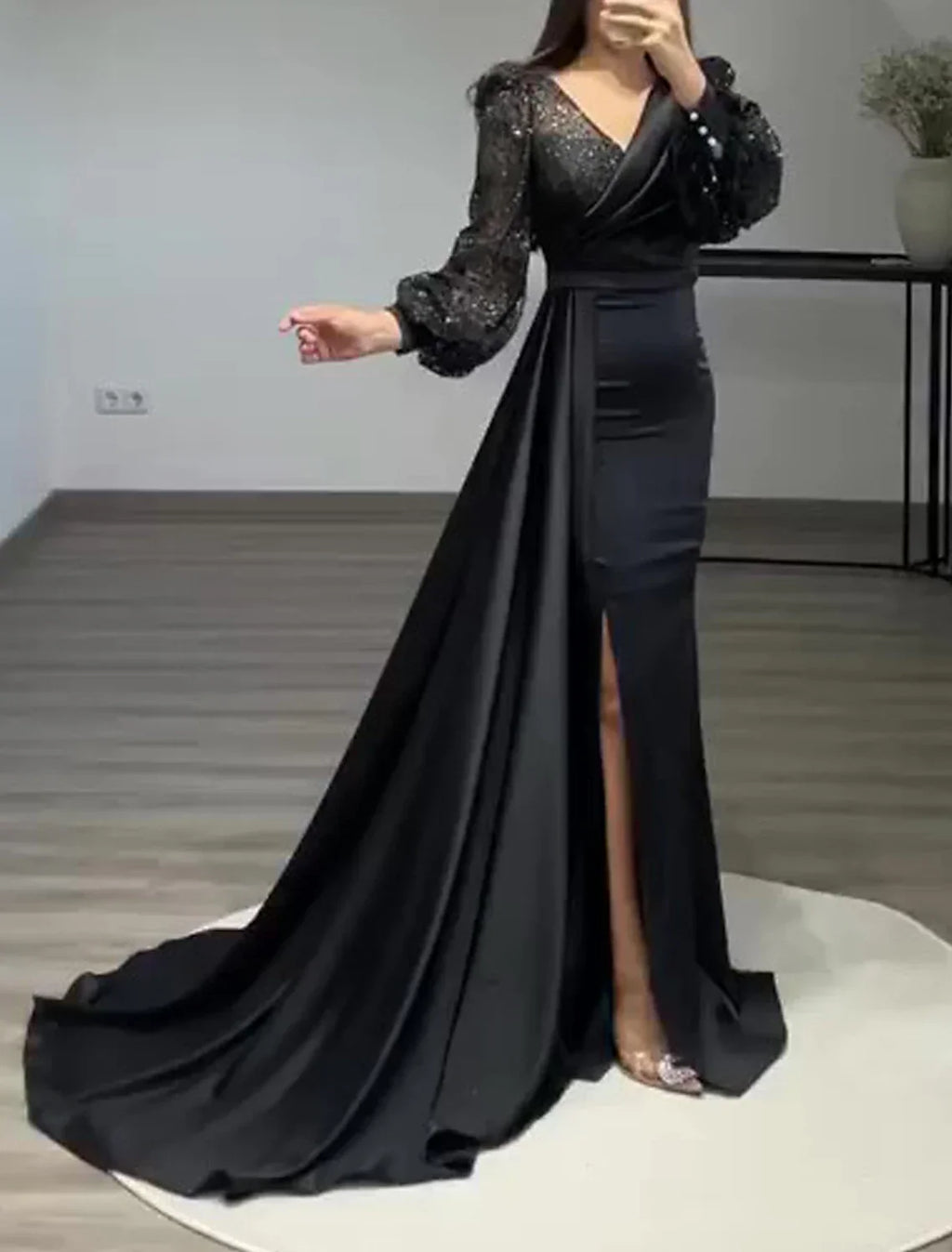 Black Mermaid / Trumpet Evening Gown Vintage Dress Formal Tie Floor Length Long Sleeve V Neck Charmeuse with Buttons Pearls