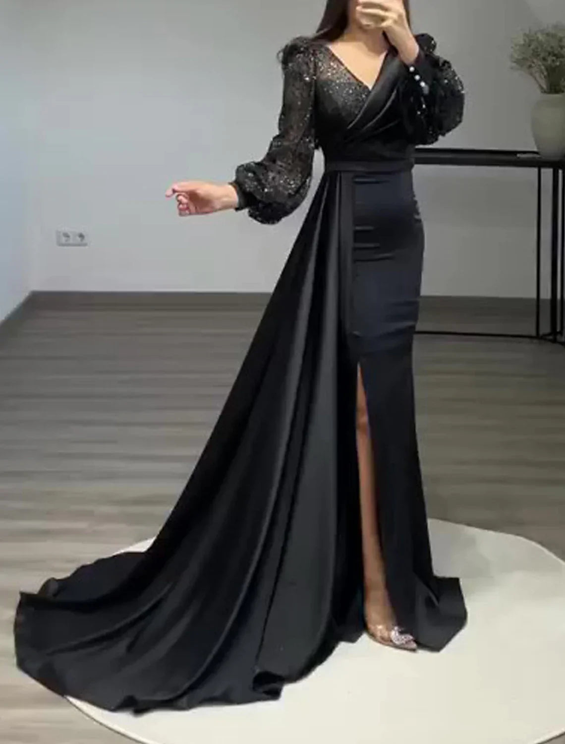 Black Mermaid / Trumpet Evening Gown Vintage Dress Formal Tie Floor Length Long Sleeve V Neck Charmeuse with Buttons Pearls